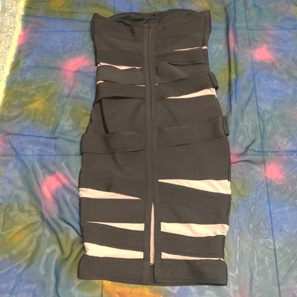 ❤️CELINE PARIS Runway Black / Tan Bandage Bodycon Strapless Wiggle Dress Small - Picture 3 of 10